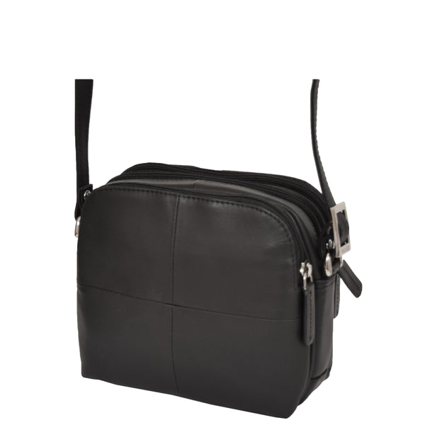 House Of Leather Womens Leather Multi Compartment Sling Bag Bari Black