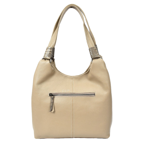House Of Leather Womens Leather Shoulder Zip Opening Large Hobo Bag Kimberly Beige