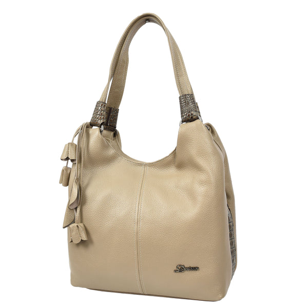 House Of Leather Womens Leather Shoulder Zip Opening Large Hobo Bag Kimberly Beige