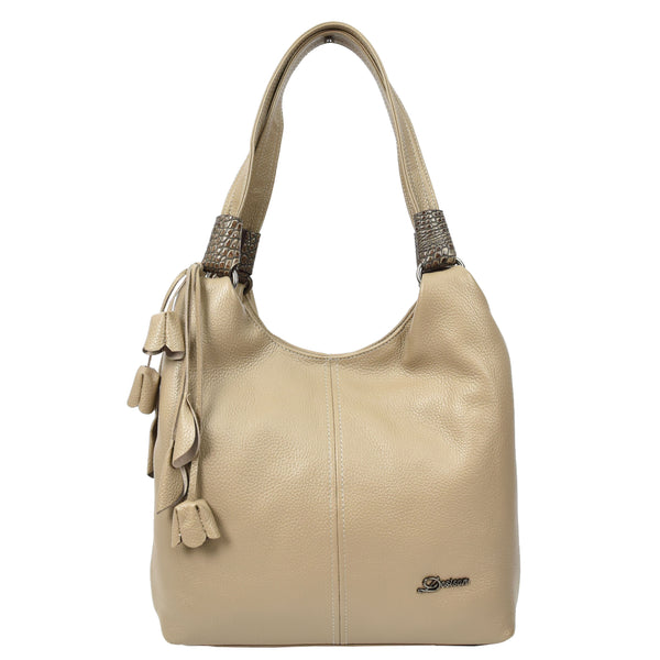 house of leather Womens Leather Shoulder Zip Opening Large Hobo Bag Kimberly Beige