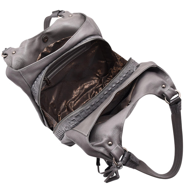 House Of Leather Womens Leather Shoulder Zip Opening Large Hobo Bag Kimberly Grey