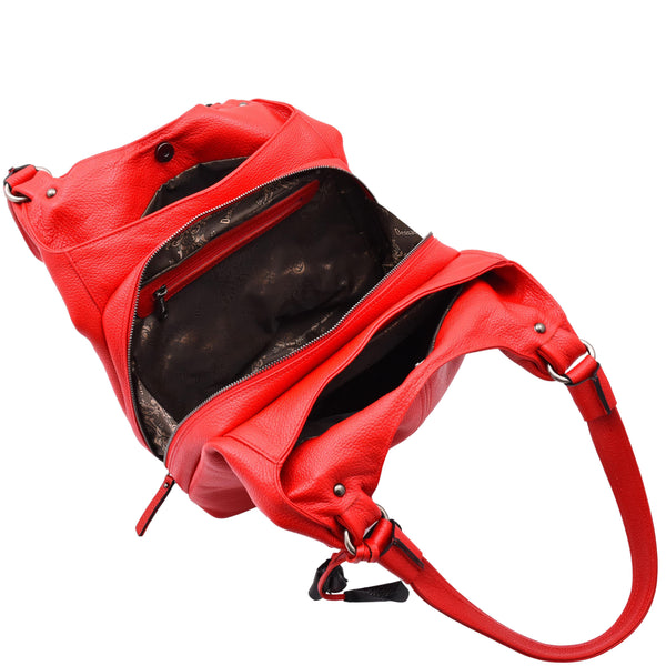 House Of Leather Womens Leather Shoulder Zip Opening Large Hobo Bag Kimberly Red