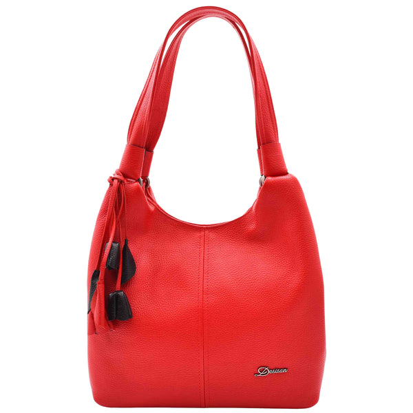 house of leather Womens Leather Shoulder Zip Opening Large Hobo Bag Kimberly Red