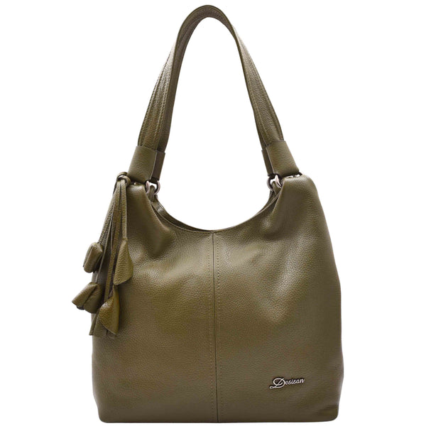 house of leather Womens Leather Shoulder Zip Opening Large Hobo Bag Kimberly Olive