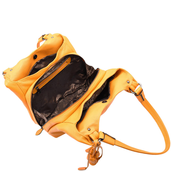 House Of Leather Womens Leather Shoulder Zip Opening Large Hobo Bag Kimberly Yellow