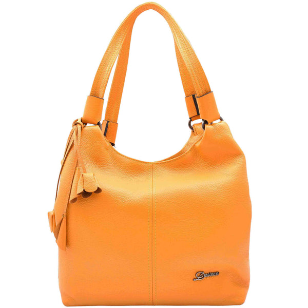 house of leather Womens Leather Shoulder Zip Opening Large Hobo Bag Kimberly Yellow