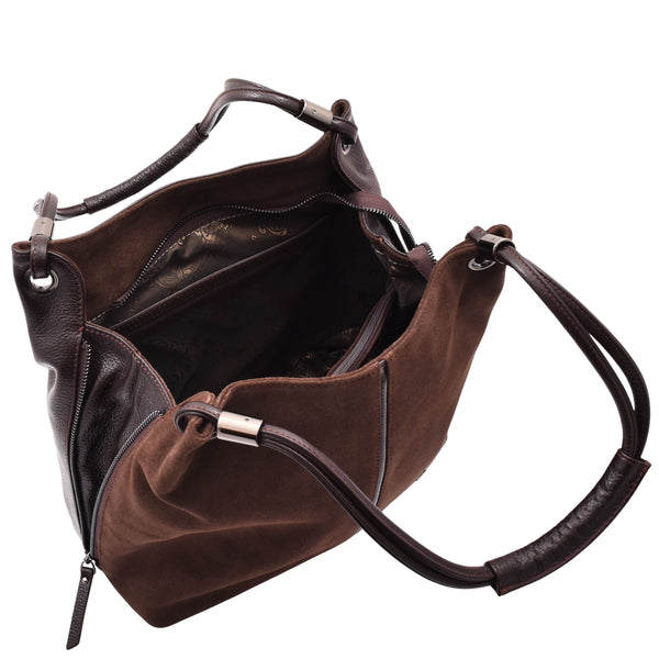 House Of Leather Womens Leather Suede Shoulder Bag Zip Large Brown Hobo Audrey