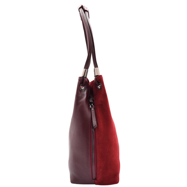 House Of Leather Womens Leather Suede Shoulder Bag Zip Large Burgundy Hobo Audrey