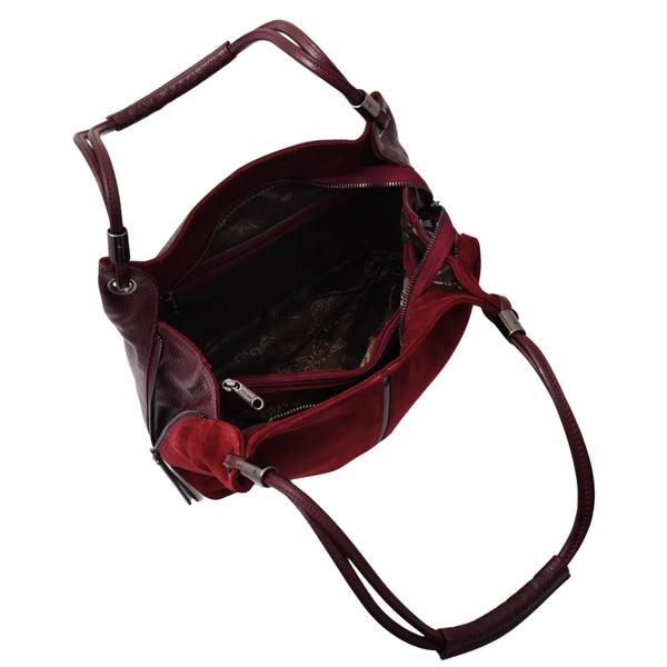 House Of Leather Womens Leather Suede Shoulder Bag Zip Large Burgundy Hobo Audrey