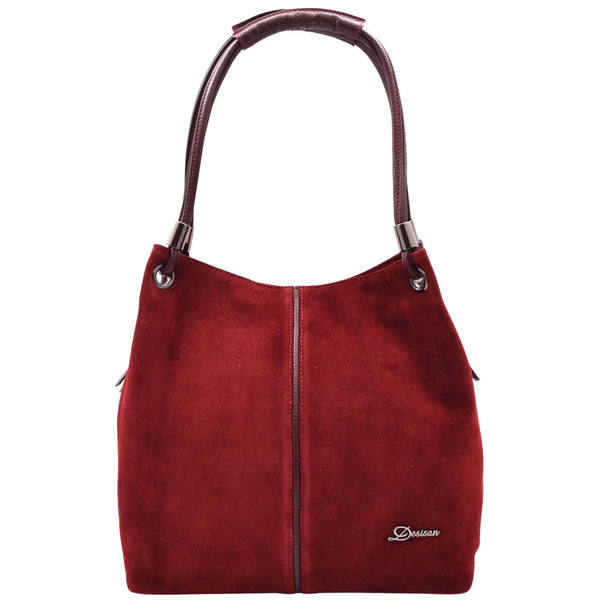 house of leather Womens Leather Suede Shoulder Bag Zip Large Burgundy Hobo Audrey