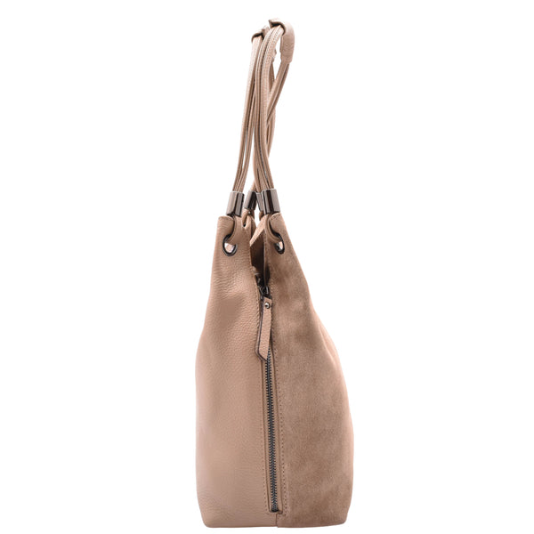 House Of Leather Womens Leather Suede Shoulder Bag Zip Large Taupe Hobo Audrey