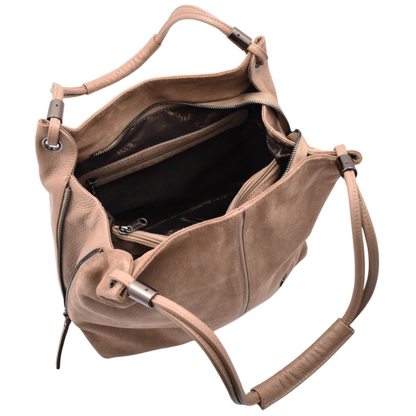 House Of Leather Womens Leather Suede Shoulder Bag Zip Large Taupe Hobo Audrey