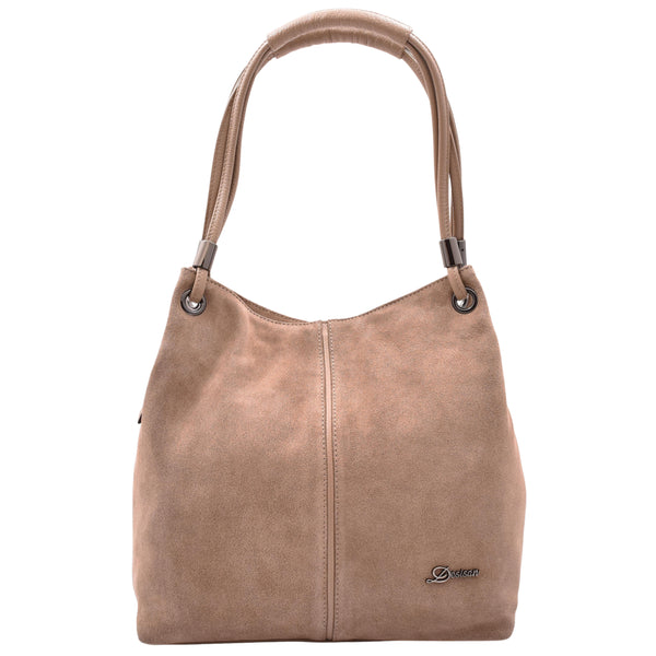house of leather Womens Leather Suede Shoulder Bag Zip Large Taupe Hobo Audrey
