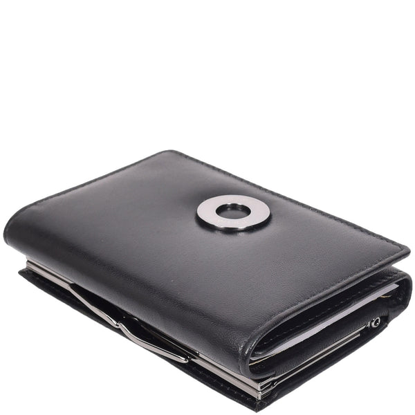 House Of Leather Womens Leather Trifold Metal Frame Purse Small Ravenna Black