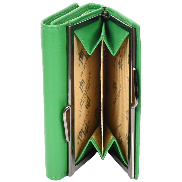 House Of Leather Womens Leather Trifold Metal Frame Purse Small Ravenna Green
