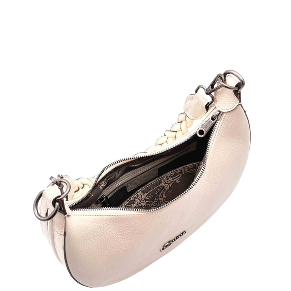 House Of Leather Womens Leather Twist Handle Strap Zip Cross Body Bag Sarah Off White