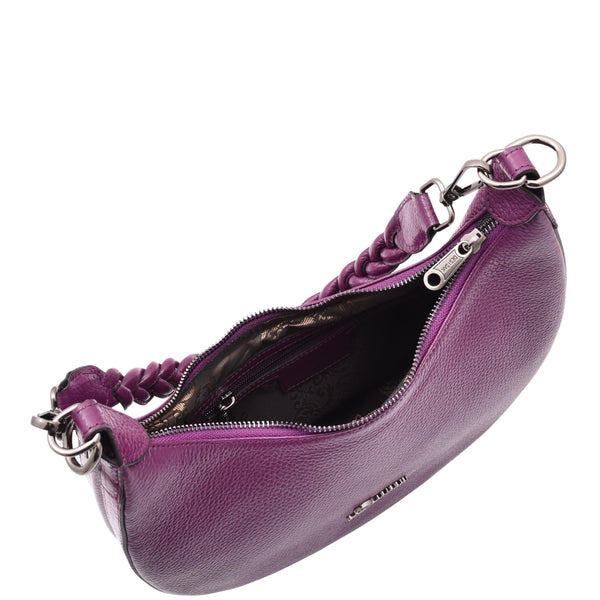 House Of Leather Womens Leather Twist Handle Strap Zip Cross Body Bag Sarah Purple