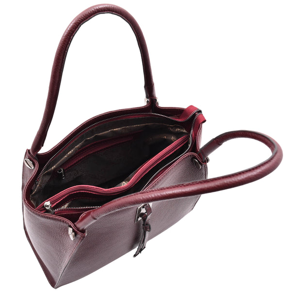 House Of Leather Womens Multi Pockets Grained Leather Shoulder Bag Large Size Grace Burgundy