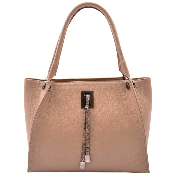 house of leather Womens Multi Pockets Grained Leather Shoulder Bag Large Size Grace Taupe