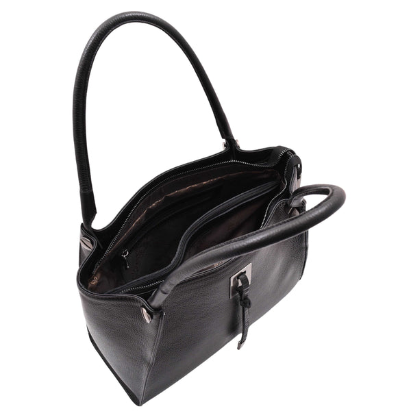 House Of Leather Womens Multi Pockets Grained Leather Shoulder Bag Large Size Grace Black