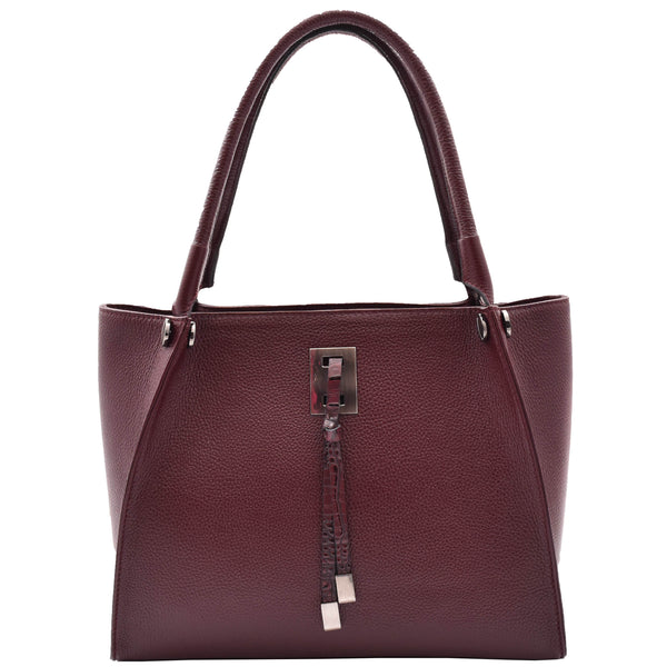house of leather Womens Multi Pockets Grained Leather Shoulder Bag Large Size Grace Burgundy