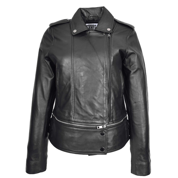 House Of Leather Womens Real Leather Biker Jacket 2-in-1 Cropped Style Bianca Black
