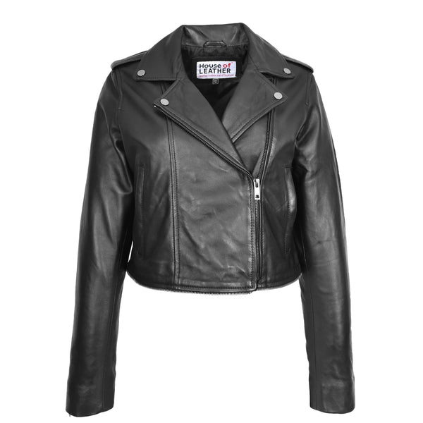 House Of Leather Womens Real Leather Biker Jacket 2-in-1 Cropped Style Bianca Black