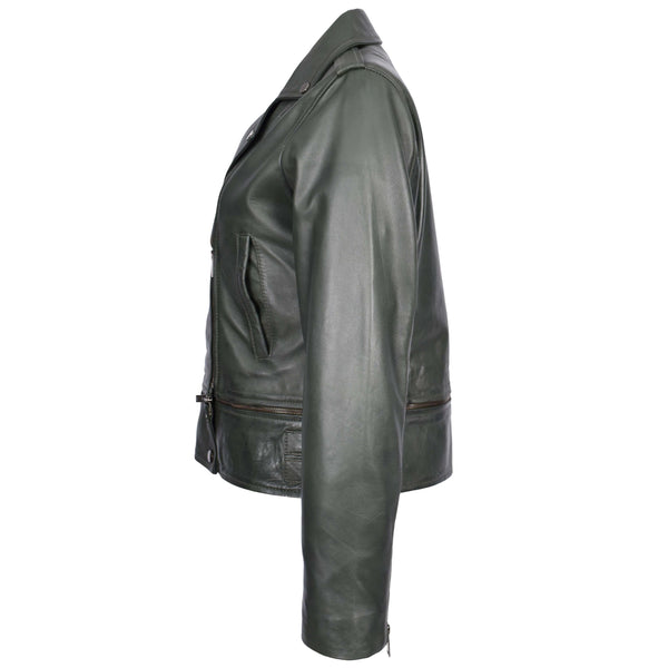 House Of Leather Womens Real Leather Biker Jacket 2-in-1 Cropped Style Bianca Green