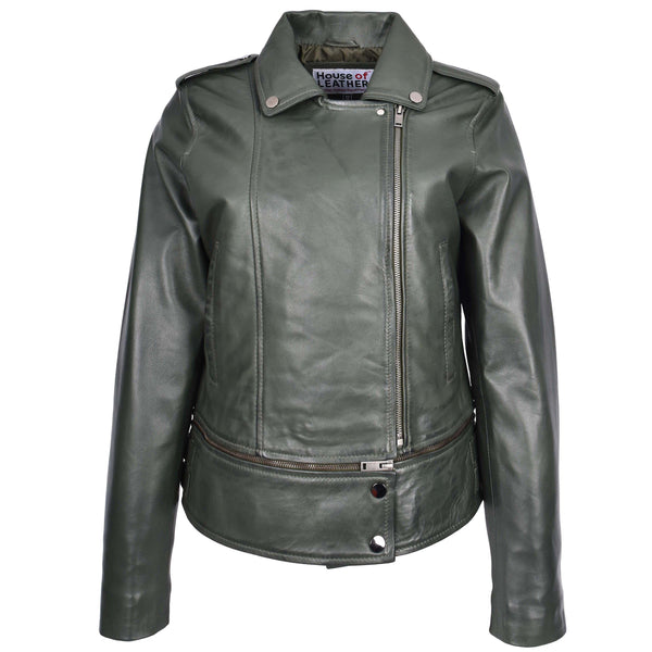 House Of Leather Womens Real Leather Biker Jacket 2-in-1 Cropped Style Bianca Green