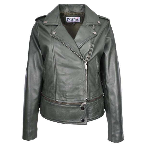 house of leather Womens Real Leather Biker Jacket 2-in-1 Cropped Style Bianca Green