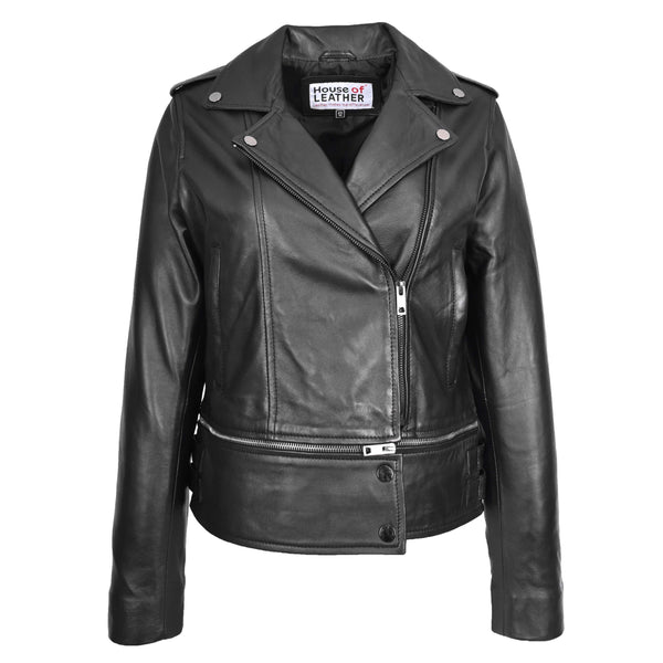 house of leather Womens Real Leather Biker Jacket 2-in-1 Cropped Style Bianca Black
