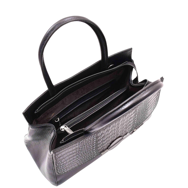 House Of Leather Womens Real Leather Croc Print Handbag Long Strap Carol Black