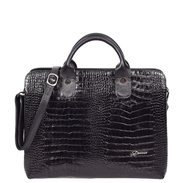 House Of Leather Womens Real Leather Croc-Print Shoulder Bag A4 Size Business Handbag Millie Black