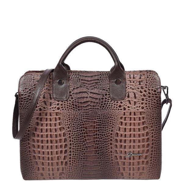 House Of Leather Womens Real Leather Croc-Print Shoulder Bag A4 Size Business Handbag Millie Brown