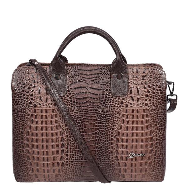house of leather Womens Real Leather Croc-Print Shoulder Bag A4 Size Business Handbag Millie Brown