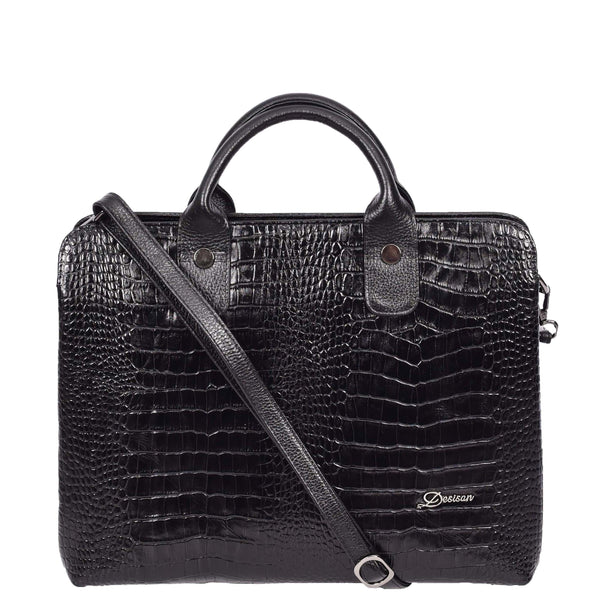 house of leather Womens Real Leather Croc-Print Shoulder Bag A4 Size Business Handbag Millie Black