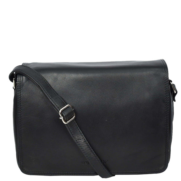 house of leather Womens Real Leather Crossbody Bag Flap over Shoulder Organiser Handbag HOL896 Black