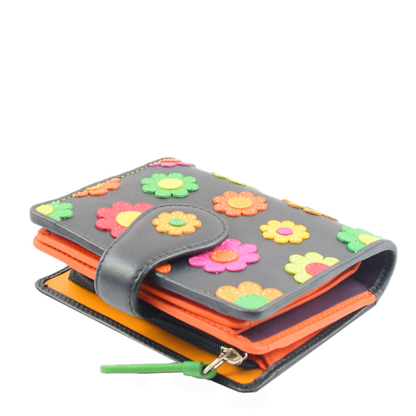 House Of Leather Womens Real Leather Flower Floral Purse HOL808 Black