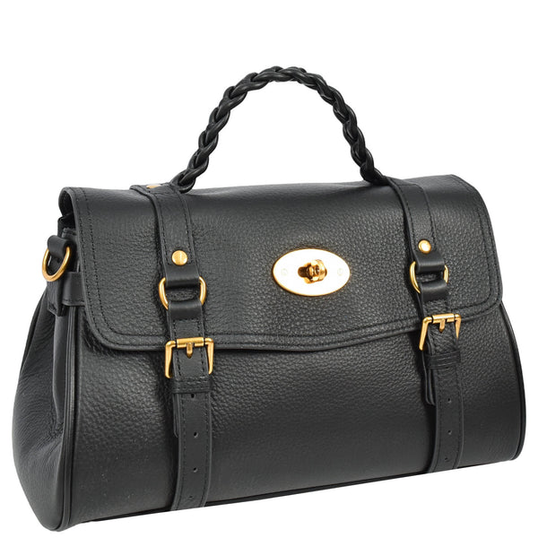 House Of Leather Womens Real Leather Handbag Classic Satchel Top-Handle Style Greta Black