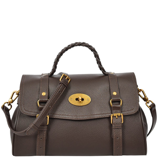 house of leather Womens Real Leather Handbag Classic Satchel Top-Handle Style Greta Brown