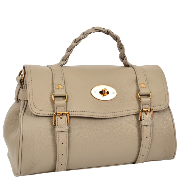 House Of Leather Womens Real Leather Handbag Classic Satchel Top-Handle Style Greta Beige