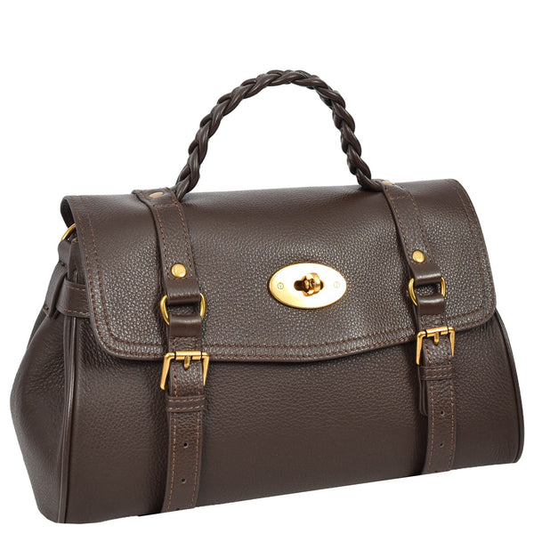 House Of Leather Womens Real Leather Handbag Classic Satchel Top-Handle Style Greta Brown