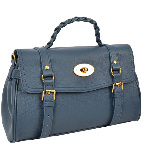 House Of Leather Womens Real Leather Handbag Classic Satchel Top-Handle Style Greta Blue