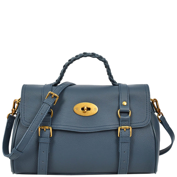 house of leather Womens Real Leather Handbag Classic Satchel Top-Handle Style Greta Blue