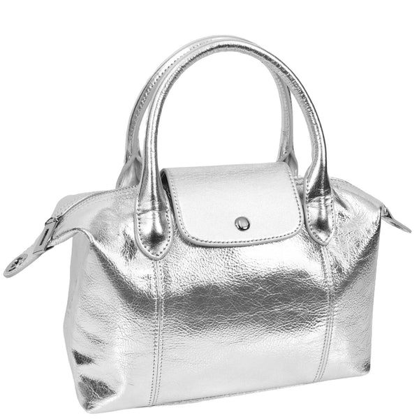 House Of Leather Womens Real Leather Handbag Small Top-Handle Tote Style Quinn Silver