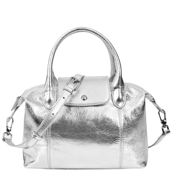 house of leather Womens Real Leather Handbag Small Top-Handle Tote Style Quinn Silver
