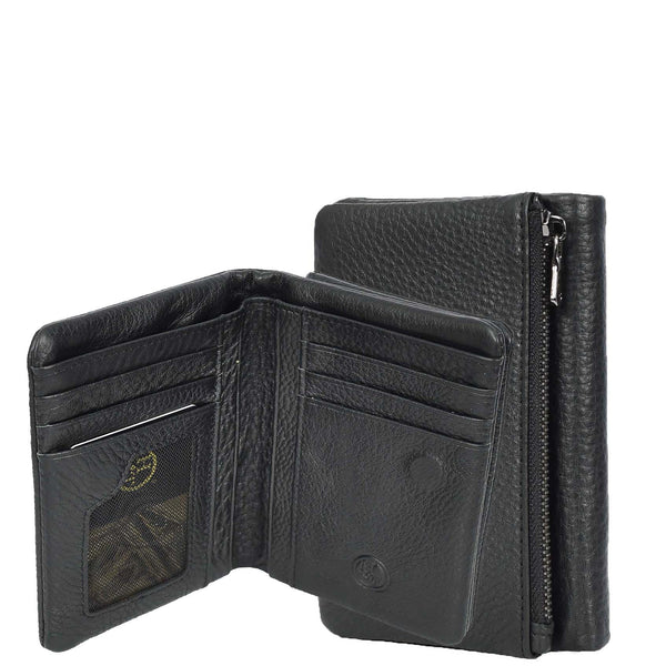 house of leather Womens Real Leather Purse Large Bifold Wallet Coins Banknotes Card Holder Orsha Black