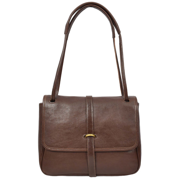 house of leather Womens Real Leather Shoulder Bag Classic Mid Size Handbag Simone Brown