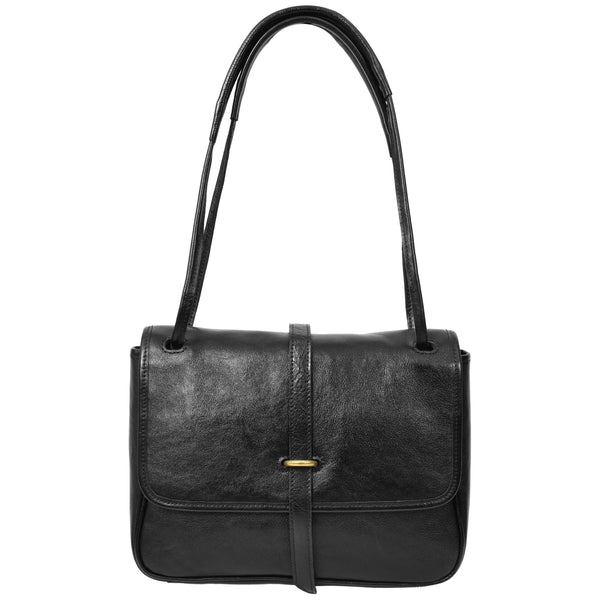 house of leather Womens Real Leather Shoulder Bag Classic Mid Size Handbag Simone Black