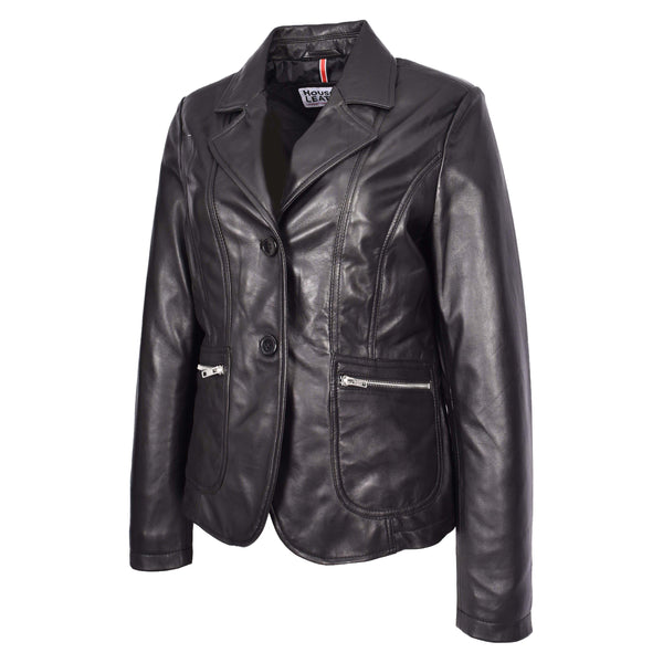 House Of Leather Womens Real Leather Two Button Blazer Jacket Gracie Black